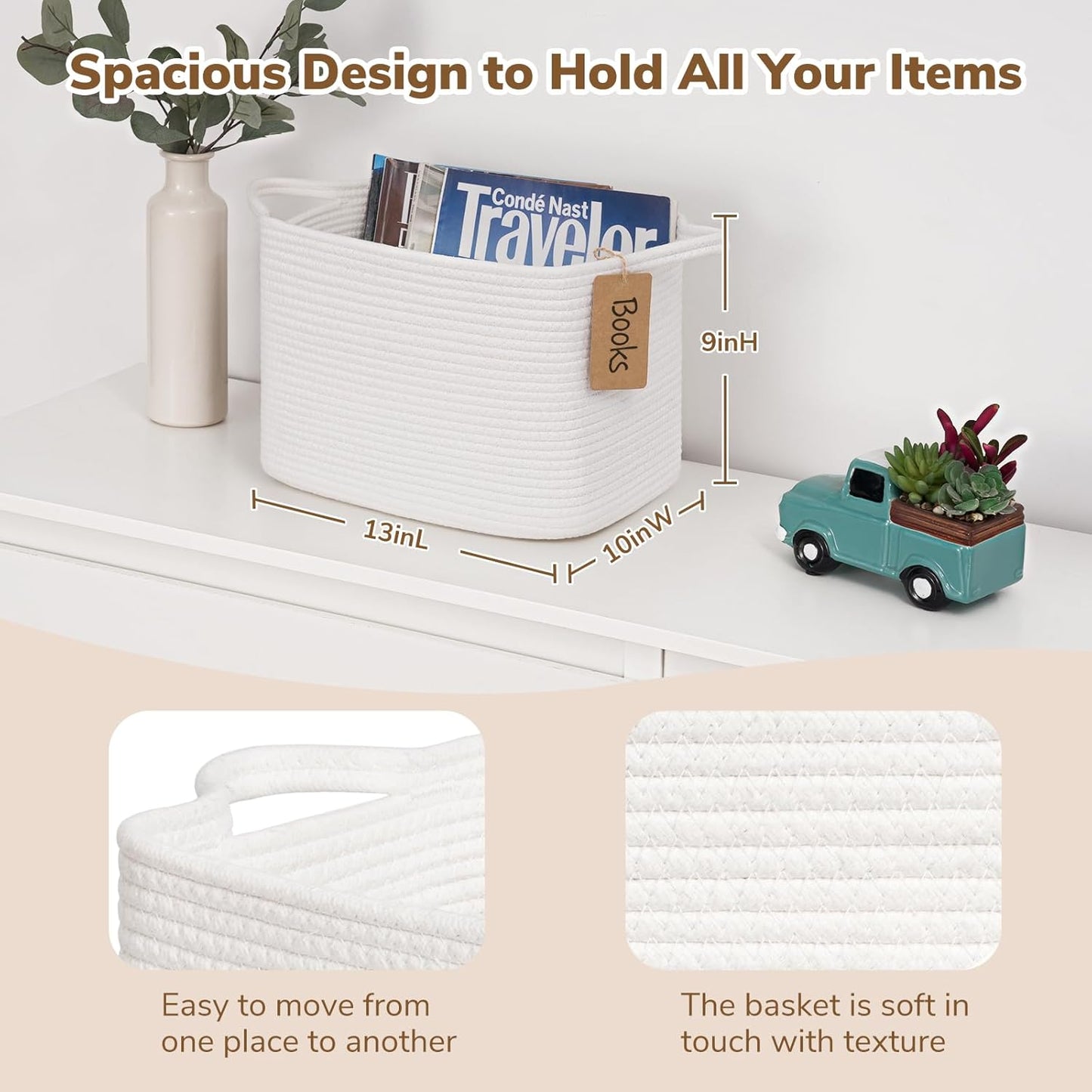 Goodpick Woven Storage Basket, Cotton Rope Basket for Dog Toys, Books, Stylish Gift Basket with Handles, 13 x 10 x 9 Inches Square Baskets for Organizing, Brown and White