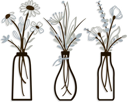 Pigort 3 Pieces Metal Flowers Wall Art- Rustic Farmhouse Decor Minimalist Decor for Living Room Bathroom Bedroom Dining Room, Housewarming Gifts Christmas Decoration(Beige, Vase-C)