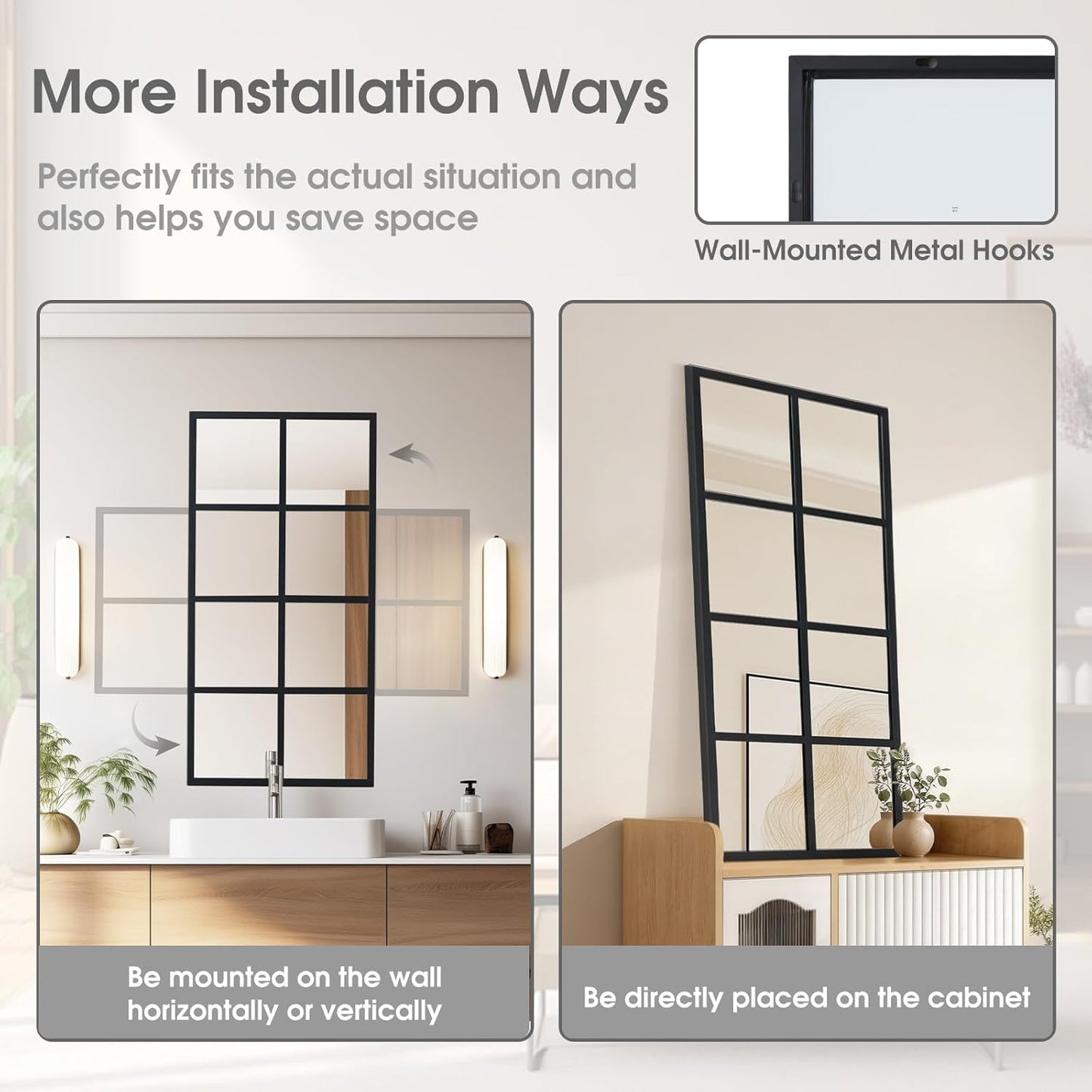 DUMOS Wall Mirror 16" x 32", Set of 2 Rectangle Window Pane Decorative Mirrors, Metal Framed Wall Mounted Mirror for Bathroom, Bedroom, Entryway