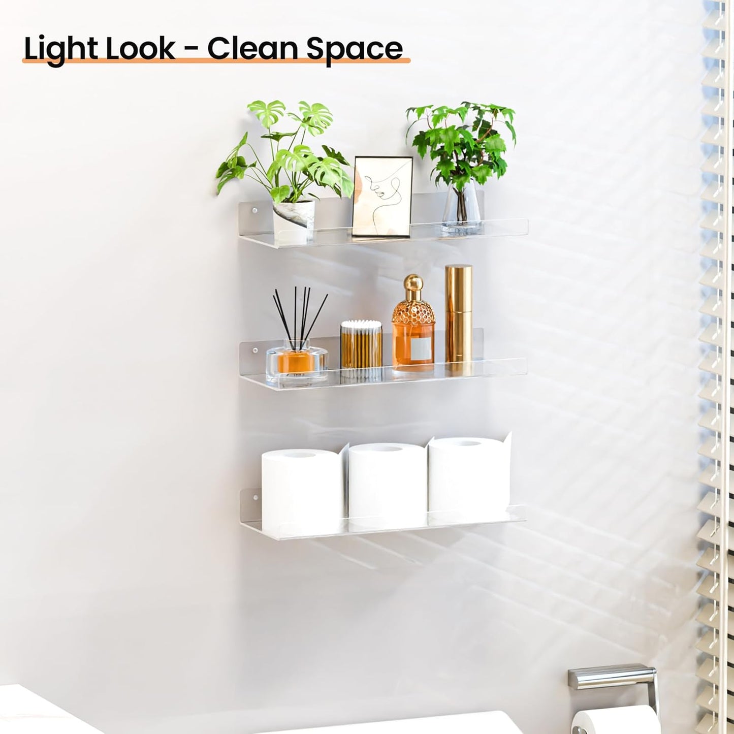 upsimples 6 Pack Acrylic Shelves for Wall Storage, 15" x 4“ Floating Bookshelves for Kids, Display Shelf Organizer for Bathroom, Bedroom, Living Room, Kitchen, Room Decor, Clear
