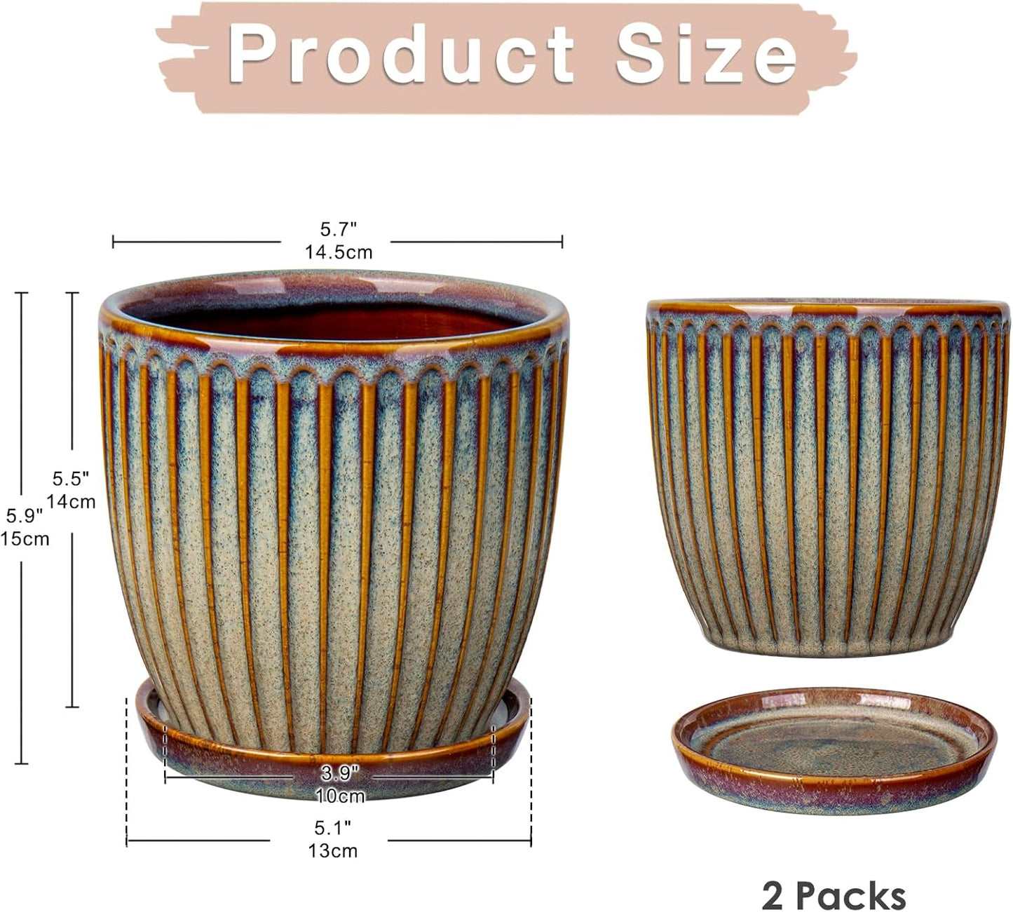 Oairse Ceramic Pots for Indoor Plants, 4.9 +5.7 inch Set of 2 Brown Plant Pots with Drainage Holes and Saucers Texture Ceramic Planters Indoor Outdoor Flower Planters for Succulent