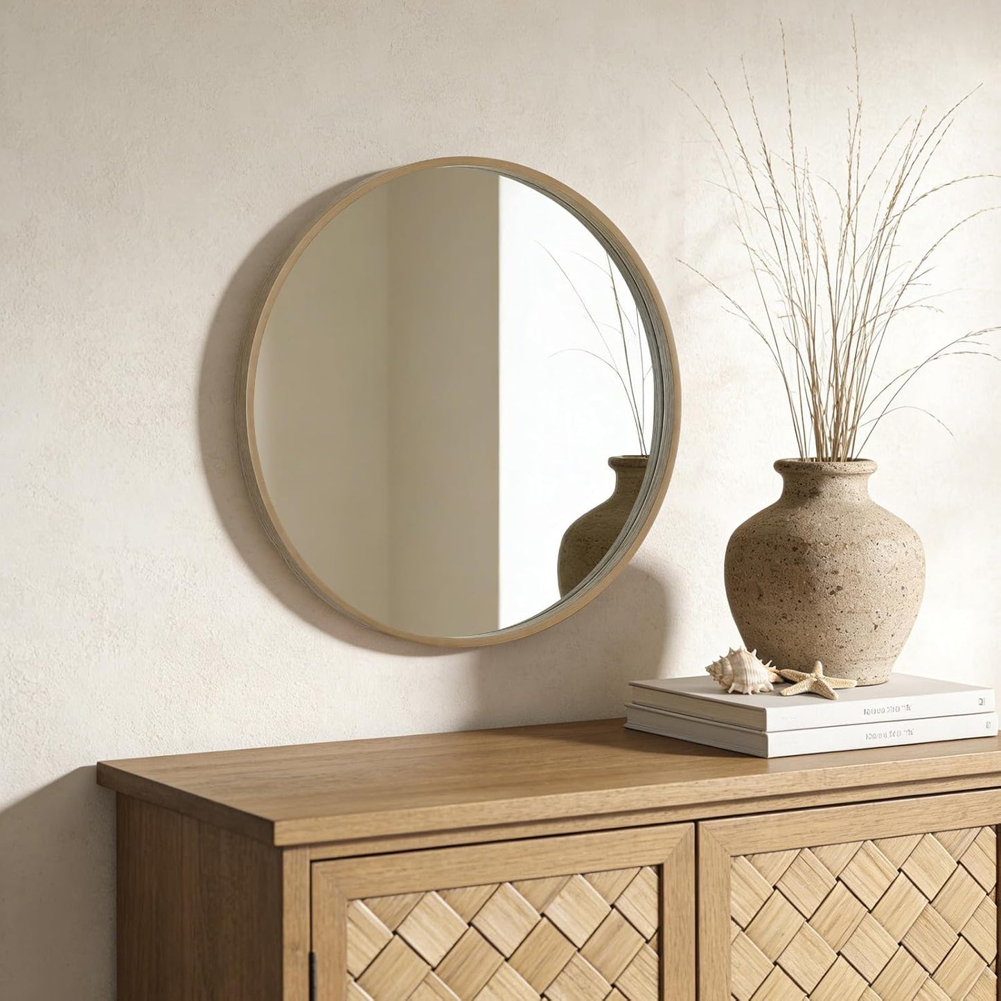 WallBeyond Wood Round Mirror with Wood Frame 24 inch Circle Wall Mirror for Bathroom Round Wall Mirror for Wall Decor, Vanity, Entryway Living Room (Walnut)