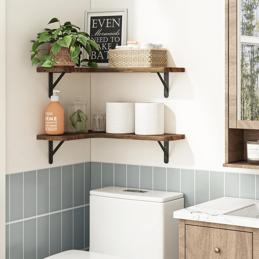 YGEOMER Corner Floating Shelves, Wall Mounted Corner Shelf for Bathroom, Kitchen, Bedroom, Home Decor, Laundry Room, Living Room(Set of 4 Rustic Brown)