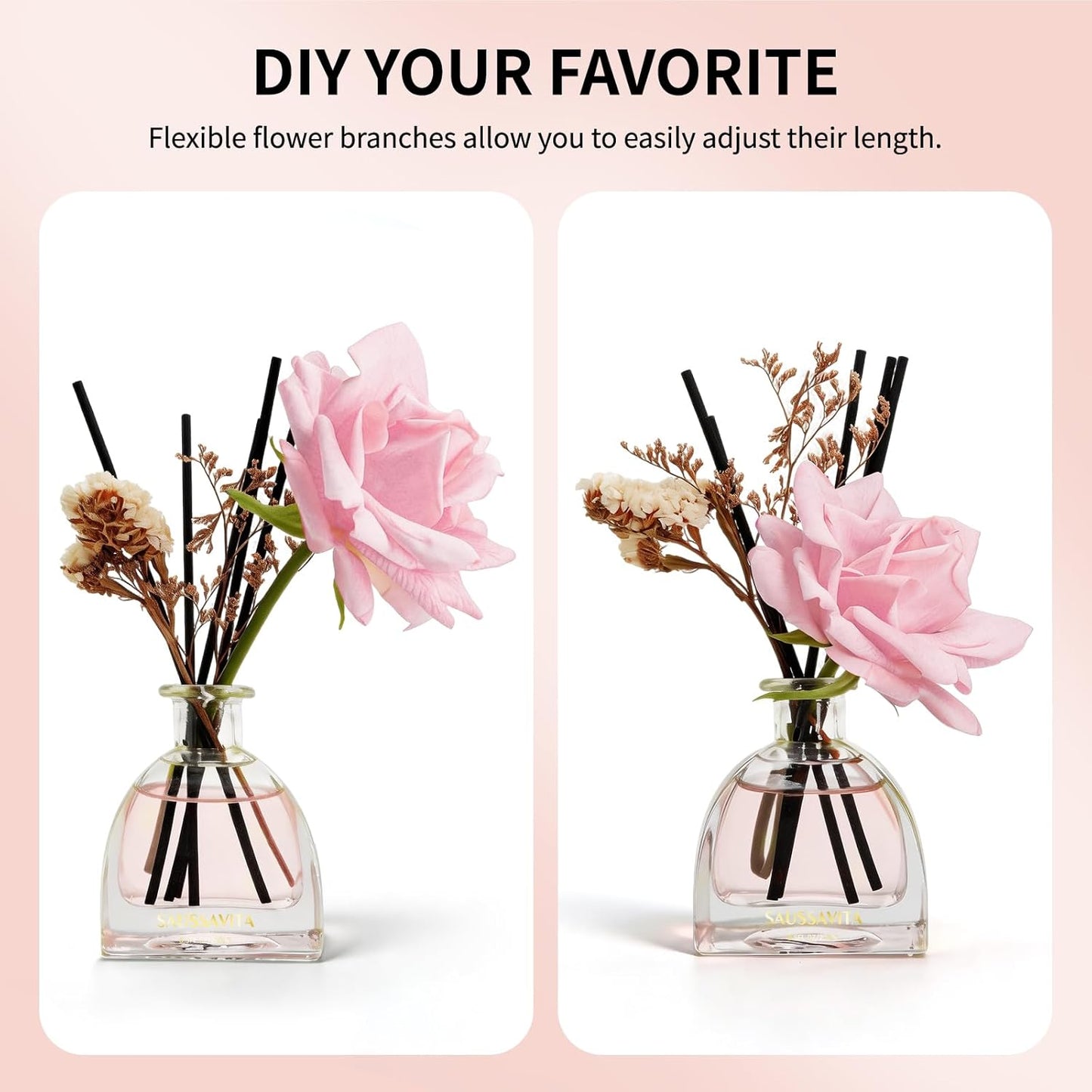 Reed Diffusers Set Flower Scented Diffuser for 140 Days, Flower Diffuser 8.5 fl oz with Dried Flowers and Decorative Rose, Long Lasting Home Fragrance with 10 Sticks for Bathroom, Shelf, Office Decor