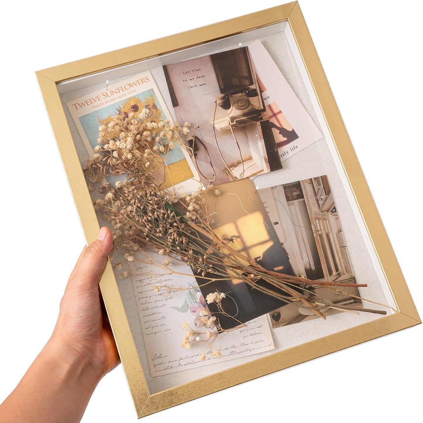 Muzilife 8x8 Shadow Box Picture Frame with Linen Board - Deep Wood & Glass Display Case Ready to Hang Memory Box Baby Sports Memorabilia, Pins, Awards, Medals, Wedding, Tickets and Photos (Black)