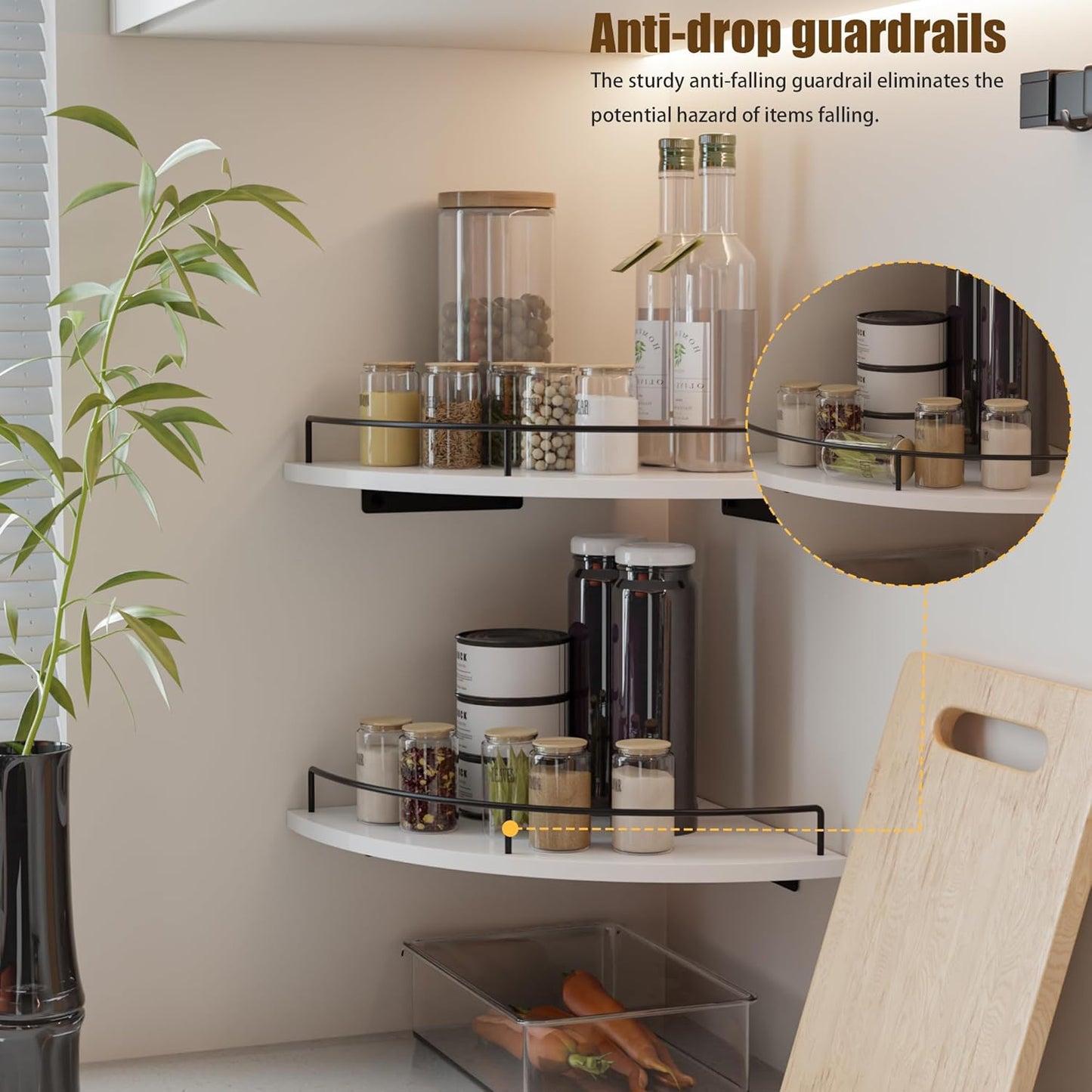 Corner Floating Shelves, Rustic Brown Wood, Set of 2, Wall Mount Storage with Guardrail for Bathroom Kitchen Living Room
