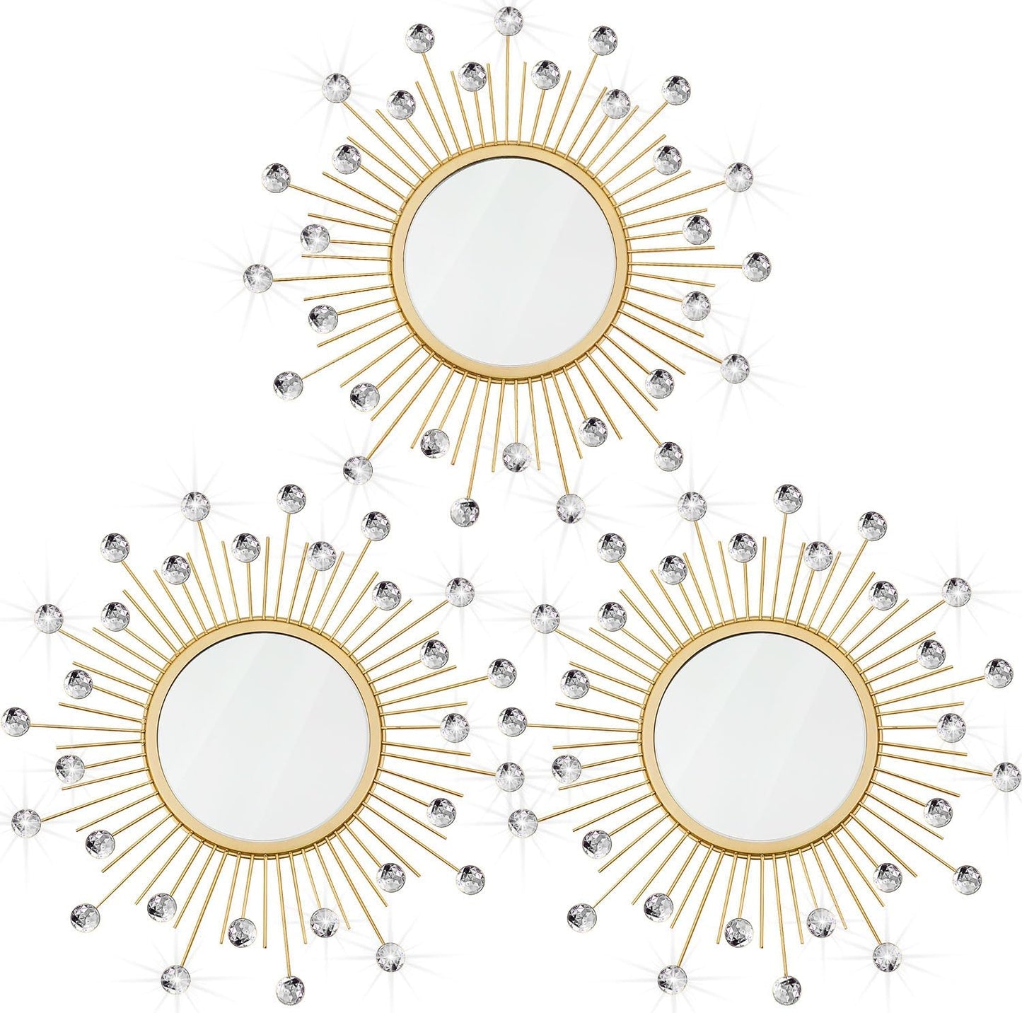 3 Pack Metal Mirrors for Wall Sunburst Wall Mirrors Home Décor Decorative Hanging Wall Art for Living Room Bedroom Entryway (Gold, Flower+Sunburst)