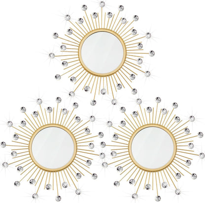 3 Pack Metal Mirrors for Wall Sunburst Wall Mirrors Home Décor Decorative Hanging Wall Art for Living Room Bedroom Entryway (Gold, Flower+Sunburst)