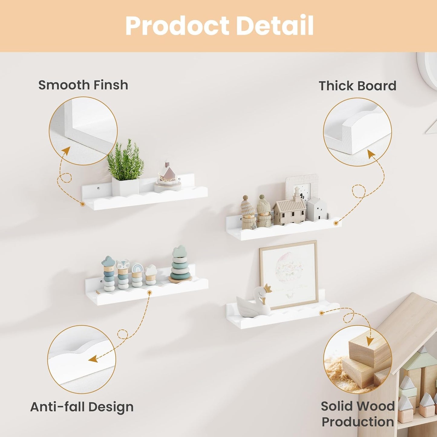 Fun Memories Picture Ledge Shelf for Wall, 24 inch Pine Wood Nursery Book Shelves Set of 2- Wall Book Shelves for Kids Room, Home Decor - Kitchen Spice-White