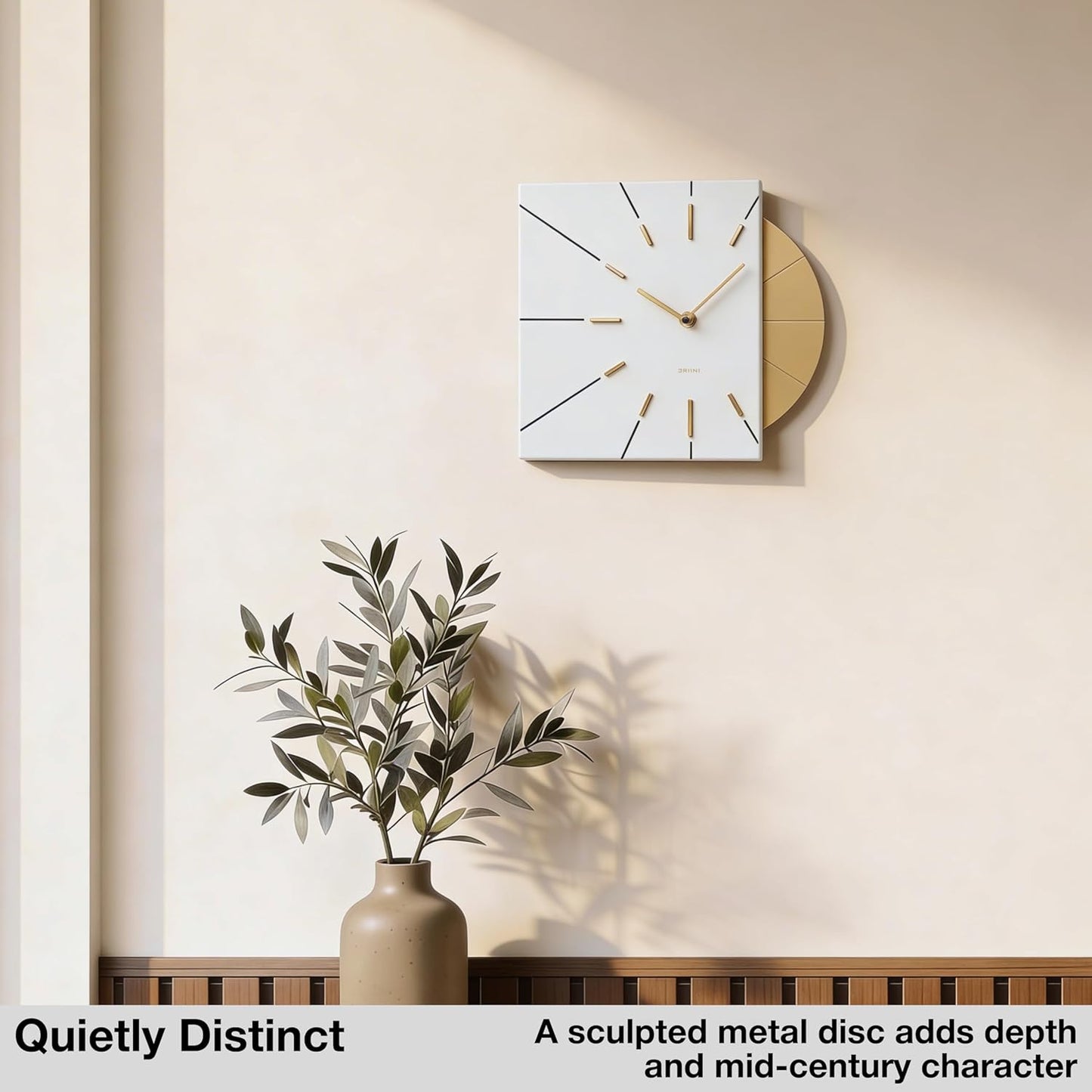 Driini Clocks Mid Century Modern Wall Clock - Square Green Clock with Decorative Gold Accent- Unique and Cool Clock, Battery Operated - MCM Decor & Decorative Wall Clock for Mid Century Modern Decor.