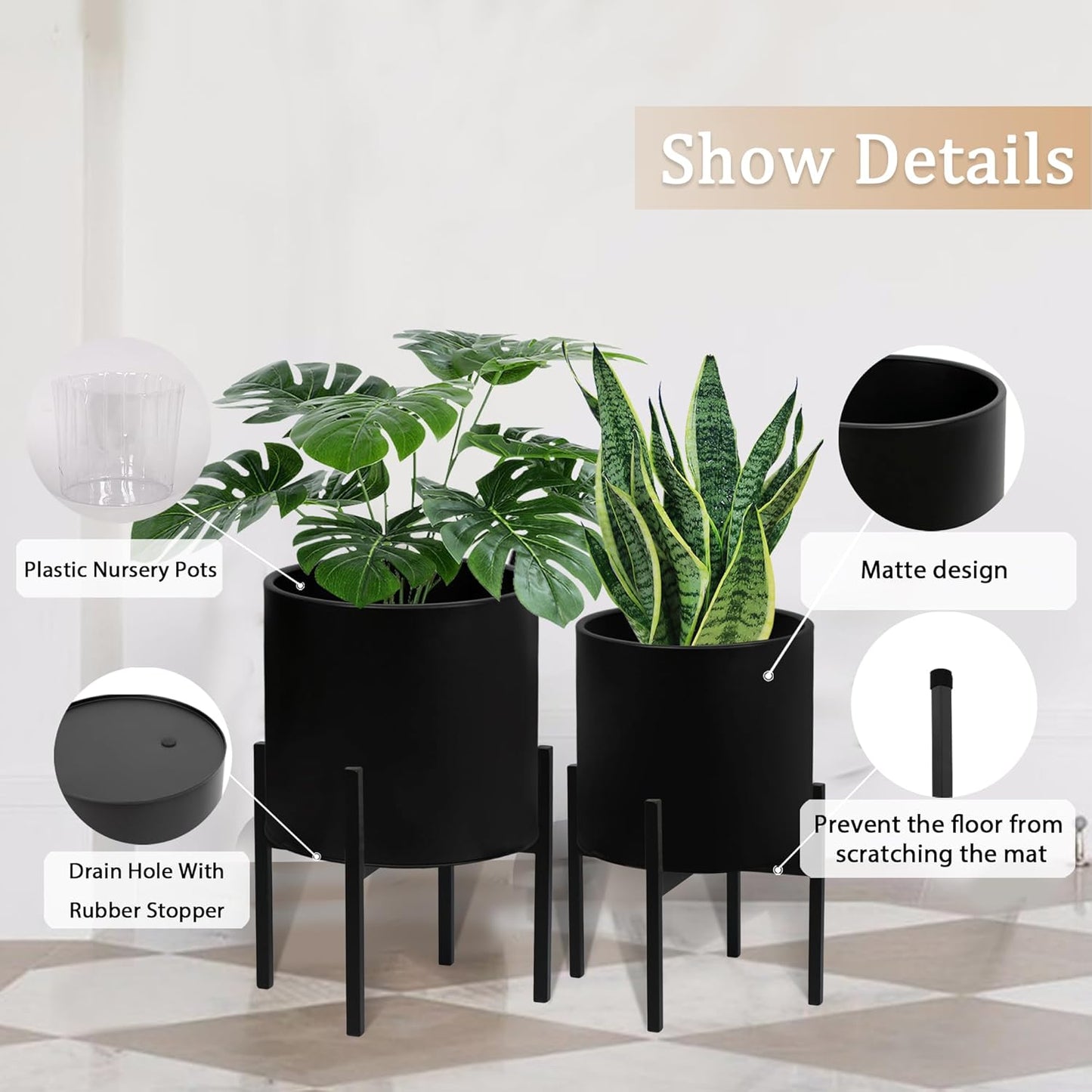 ARNIS Modern Plant Pots, Set of 2 Large Planters with Stand, Decorative Planters, Metal Pots with Drainage Holes for Living Room, Office, Garden or Balcony, 8.25 &10.5 Inch, Dirt