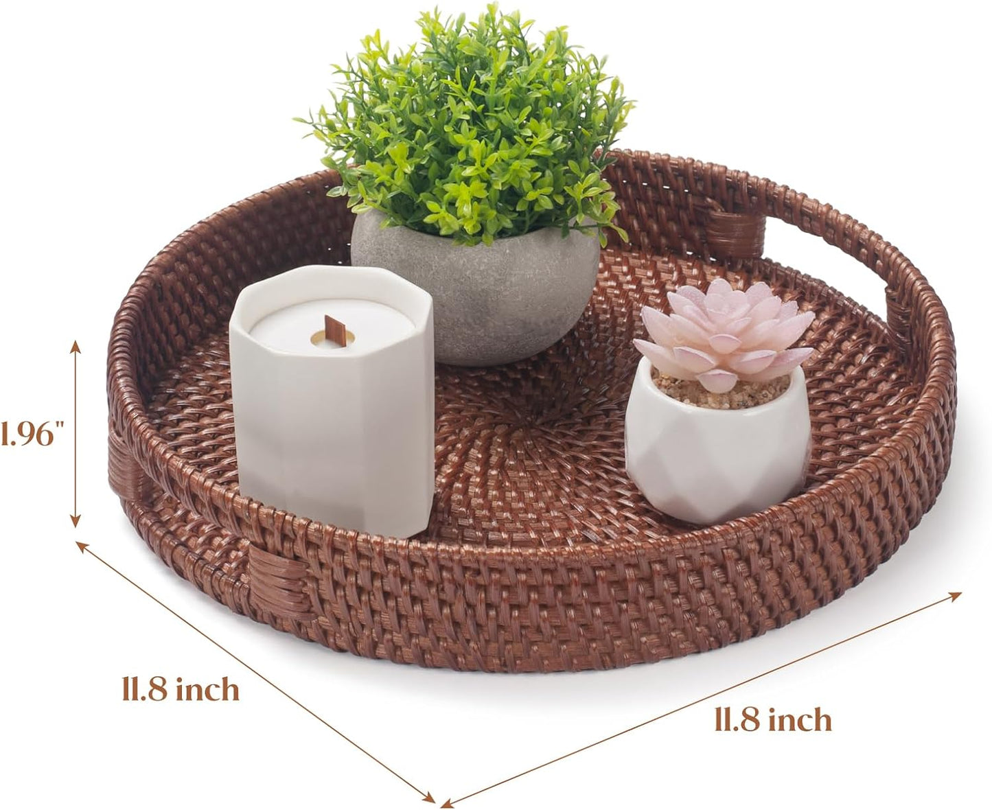 13.8 inch Round Rattan Tray, Decorative Coffee Table Tray, Ottoman Tray, Woven Serving Tray with Handles, Wicker Serving Basket, Whitewash