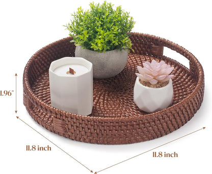 13.8 inch Round Rattan Tray, Decorative Coffee Table Tray, Ottoman Tray, Woven Serving Tray with Handles, Wicker Serving Basket, Whitewash