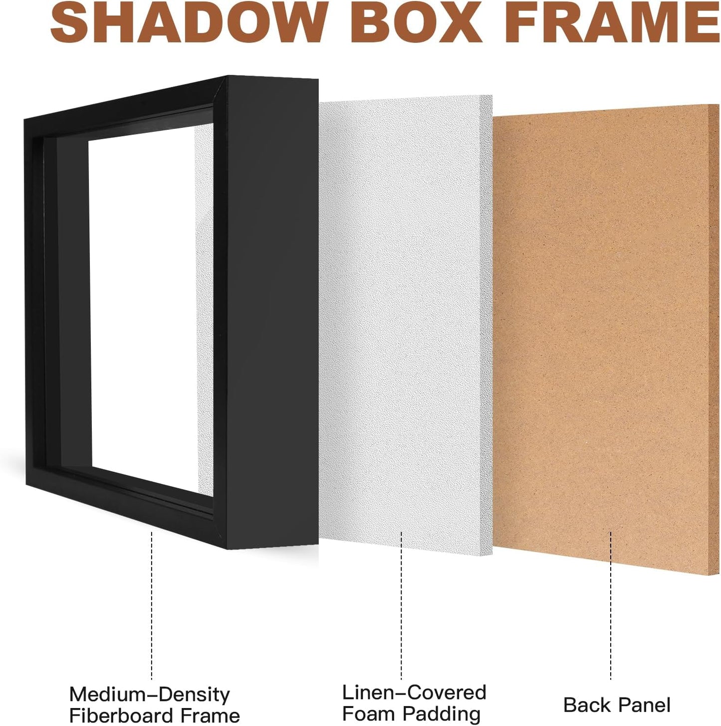 Ninsula 8x8 Shadow Box, Shadow Box Frame with Soft Linen Back - Push 12PCS Pins Included, 3D Picture Display Cases Box for Flowers, Tickets, Souvenirs, Photographs, Handicrafts (Black)