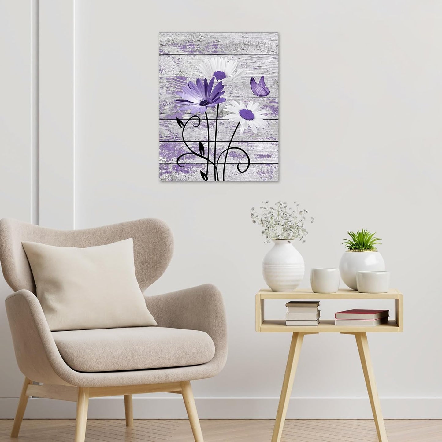 HVEST Farmhouse Floral Wall Art for Living Room, Blue and White Daisy Flower and Butterfly on Rustic Wood Board Canvas Wall Art Framed Artwork Ready to Hang for Bathroom Bedroom Decor, 16L X 12W