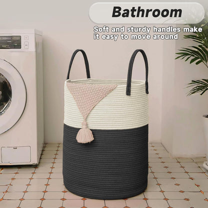 JMvicyroam Large Woven Laundry Basket Hamper,60L Cotton Rope Storage Bin for Blankets,Toys and Clothes,Decorative Tall Nursery Hamper for Living Room,Baby Nursery,Bathroom and Bedroom,Brown