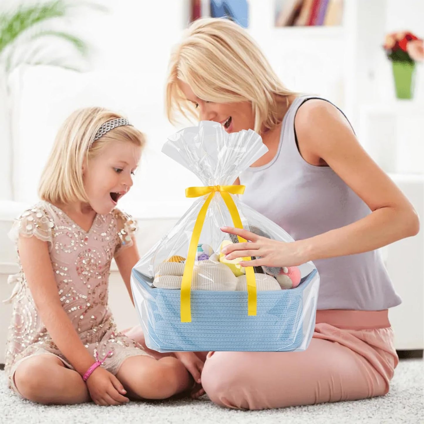 OIAHOMY Woven Basket, Gift Basket Empty with Gift Bags and Ribbons, Rope Baskets for Baby Showers, Storage Baskets with Handles for Nursery, Pet Toy Organizer - White