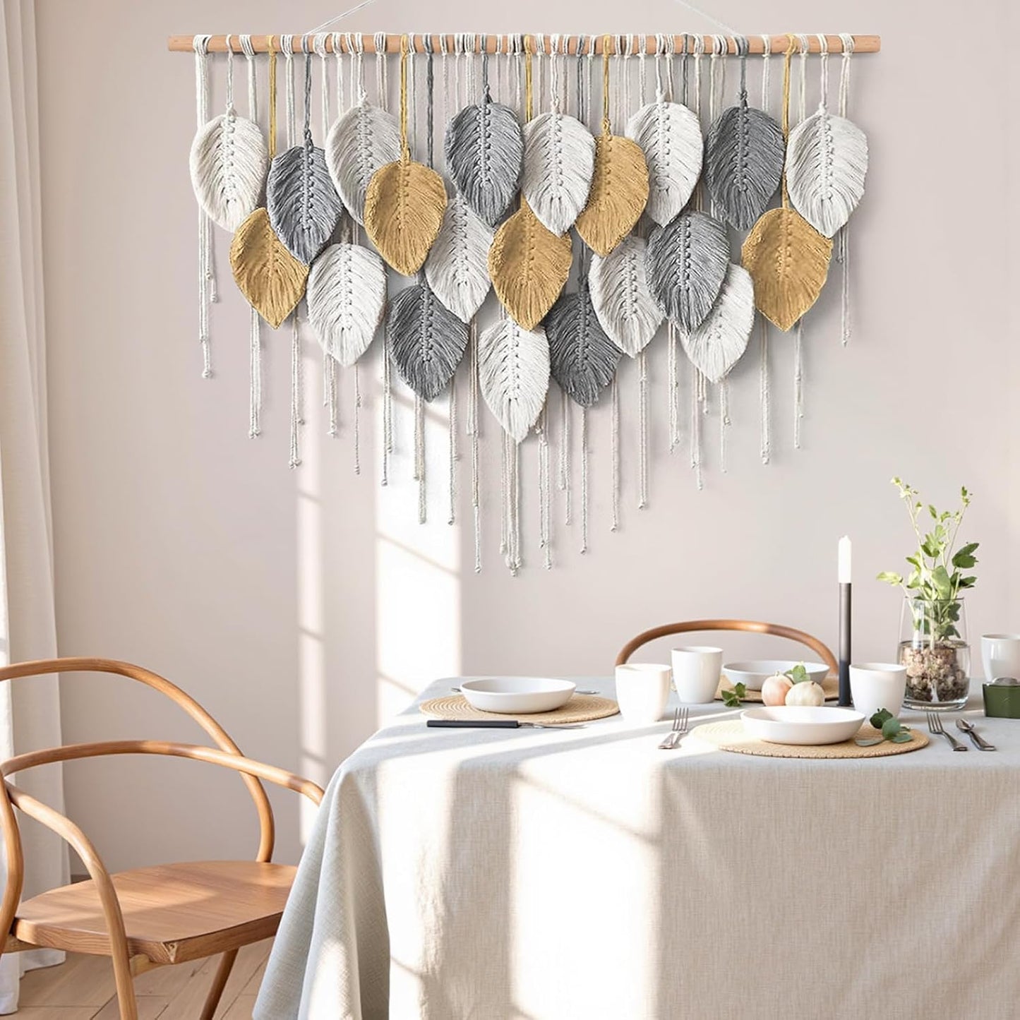 KHOYIME Large Macrame Wall Hanging Boho Woven Tapestry, Chic Home Decor Modern Bohemian Handmade Leaf Feather Wall Art Decorations for Apartment Dorm Living Room Bedroom Nursery Backdrop 39"W X 29.5"L