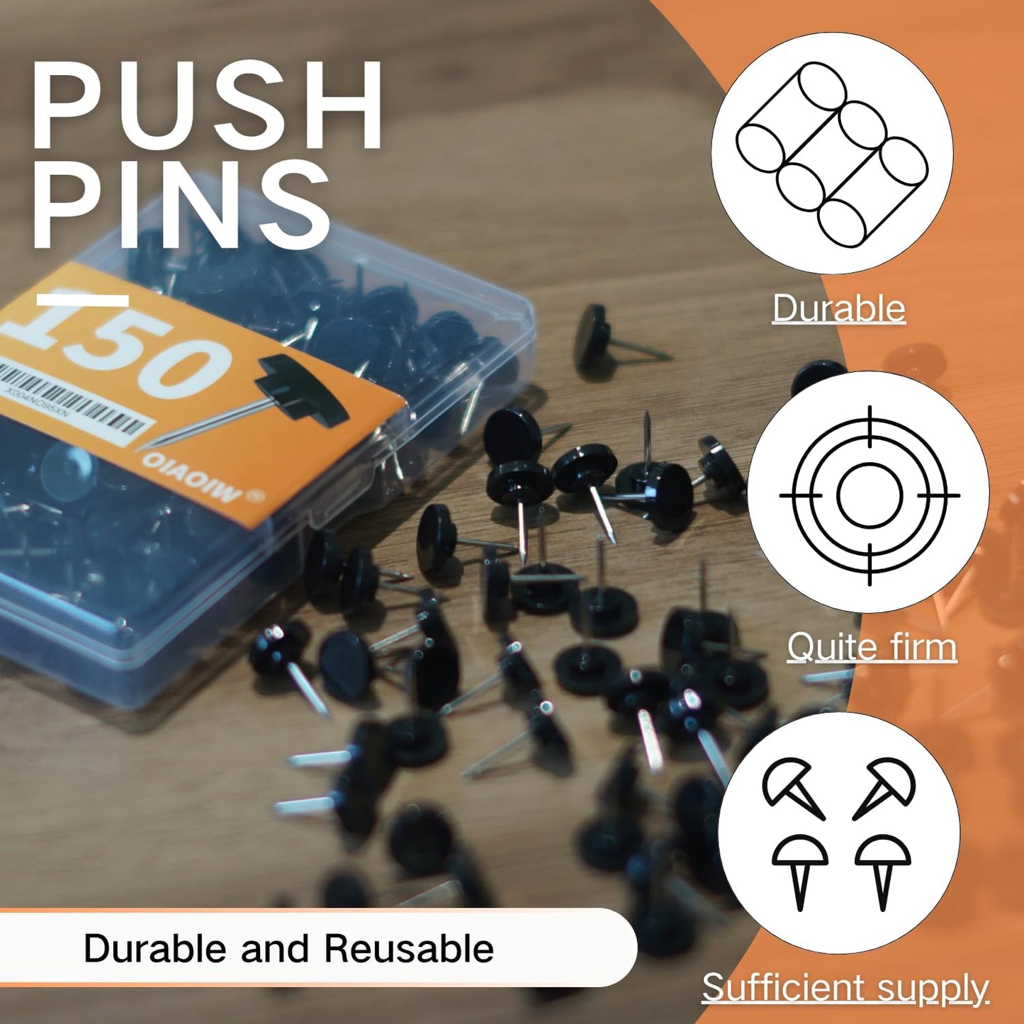 150 PCS Clear Push Pins Tacks Count in Reusable Box for Bulletin Boards and Wall Displays Heavy Duty Plastic Head