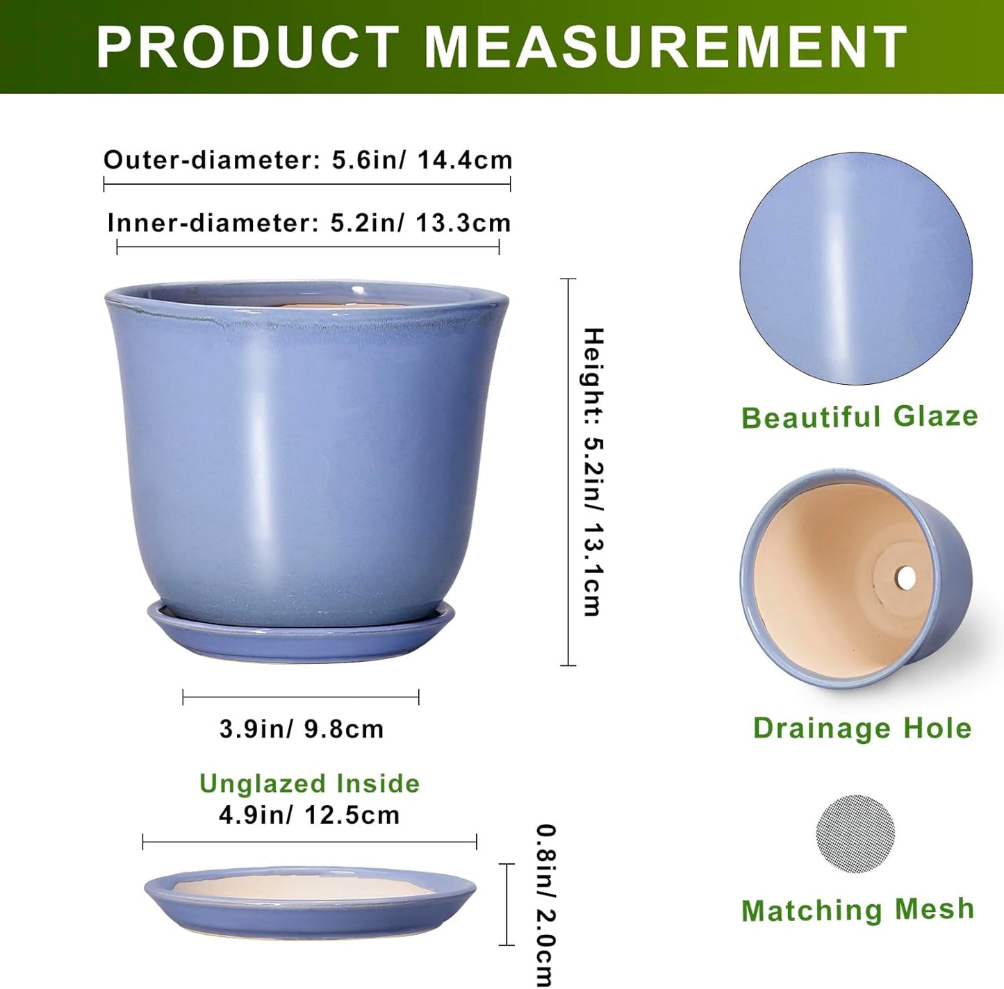 Ceramic Plant Pots - 12 Inch Pots for Plants Indoor Outdoor, Large Round Planter with Drainage Hole and Saucer, Modern Decorative Flower Pot, Home Garden Decor, House Warming Gifts, Blue