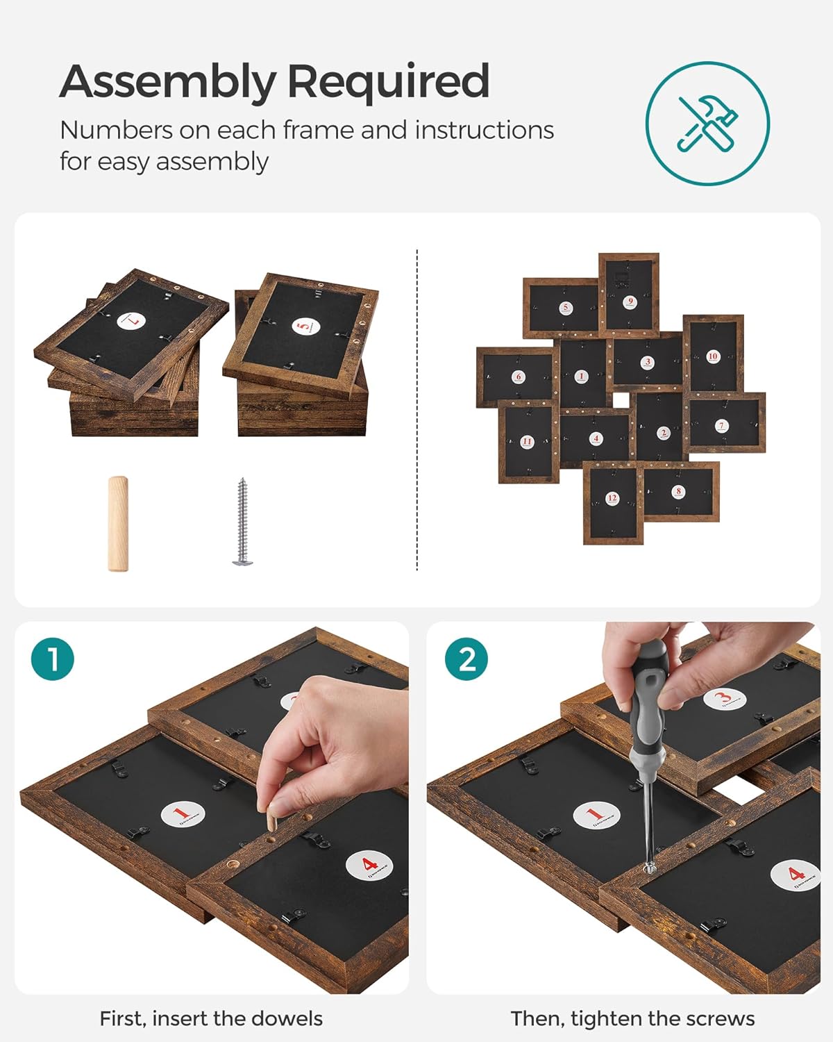 SONGMICS 4x6 Picture Frames Collage Wall Decor, 12-Pack Photo Collage Frame, Multi Picture Frame Set with Glass Front, Assembly Required, Rustic Brown URPF022X01
