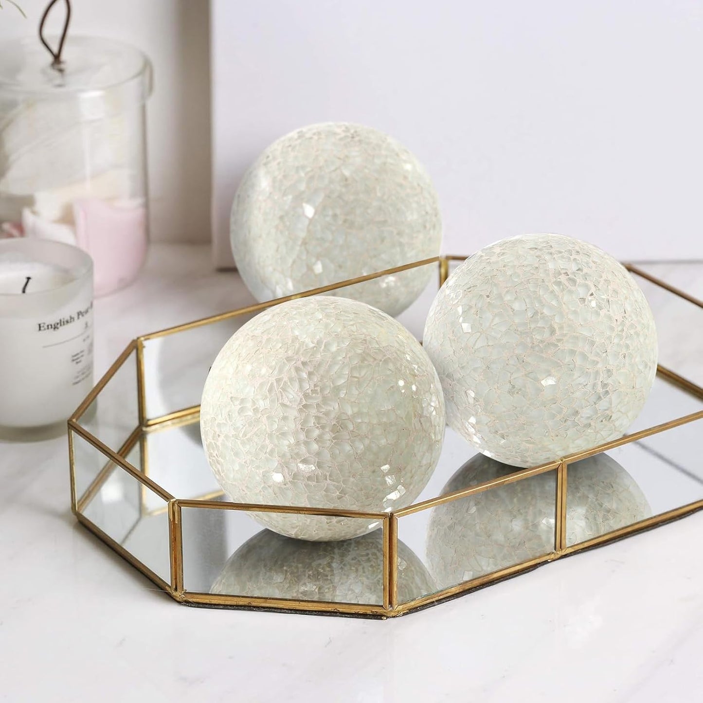 3Pcs Mosaic Glass Orbs Decorative Balls Set 8.5cm/3.35inch Blue Sphere Wedding Party Home Decor Table Centerpiece