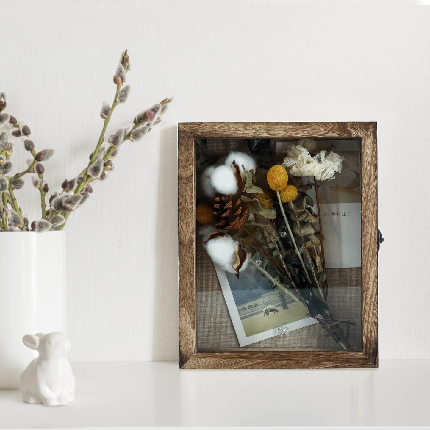 GraduationMall 13x16 Wood Shadow Box Frame Glass Door Display Case with Linen Back and 6 Stick Pins,1.5 inches Interior Depth,Ideal for Memorabilia Pictures Flowers Medals Tickets Rustic White