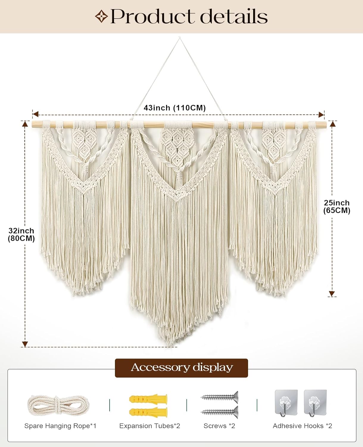 Tempospark Large Macrame Wall Hanging, 43" Wx32 L Boho Wall Hangings for Living Room Bedroom Nursery, Boho Chic Large Macrame Tapestry for Bedroom Wall Decor (Tassel)