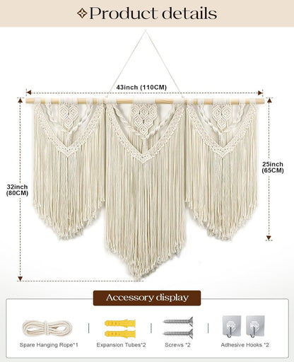 Tempospark Large Macrame Wall Hanging, 43" Wx32 L Boho Wall Hangings for Living Room Bedroom Nursery, Boho Chic Large Macrame Tapestry for Bedroom Wall Decor (Tassel)
