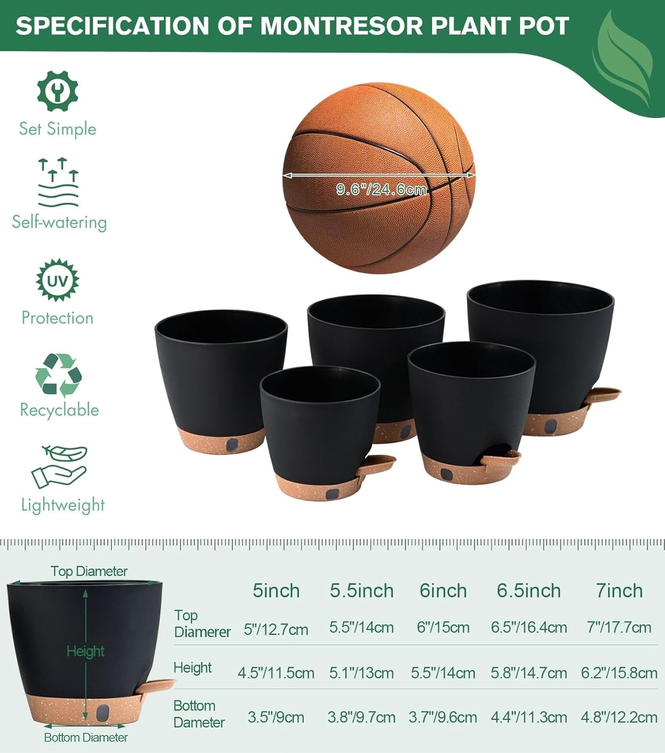 montresor 12/10/8 Inch Self Watering Pots for Indoor Plants Plastic Large Plant Pots for Outdoor Plants, Water Level Window & Spacious Reservoir Flower Pots Decorative Planter with Drainage and Tray