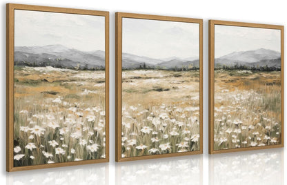 CAZLOUC White Wildflowers Wall Art Set of 3, Neutral Meadow Landscape Wall Decor, Minimalist Mountain Canvas Prints, Beige Rustic Field Paintings for Living Room Bedroom Wood Framed 12x16 Inch