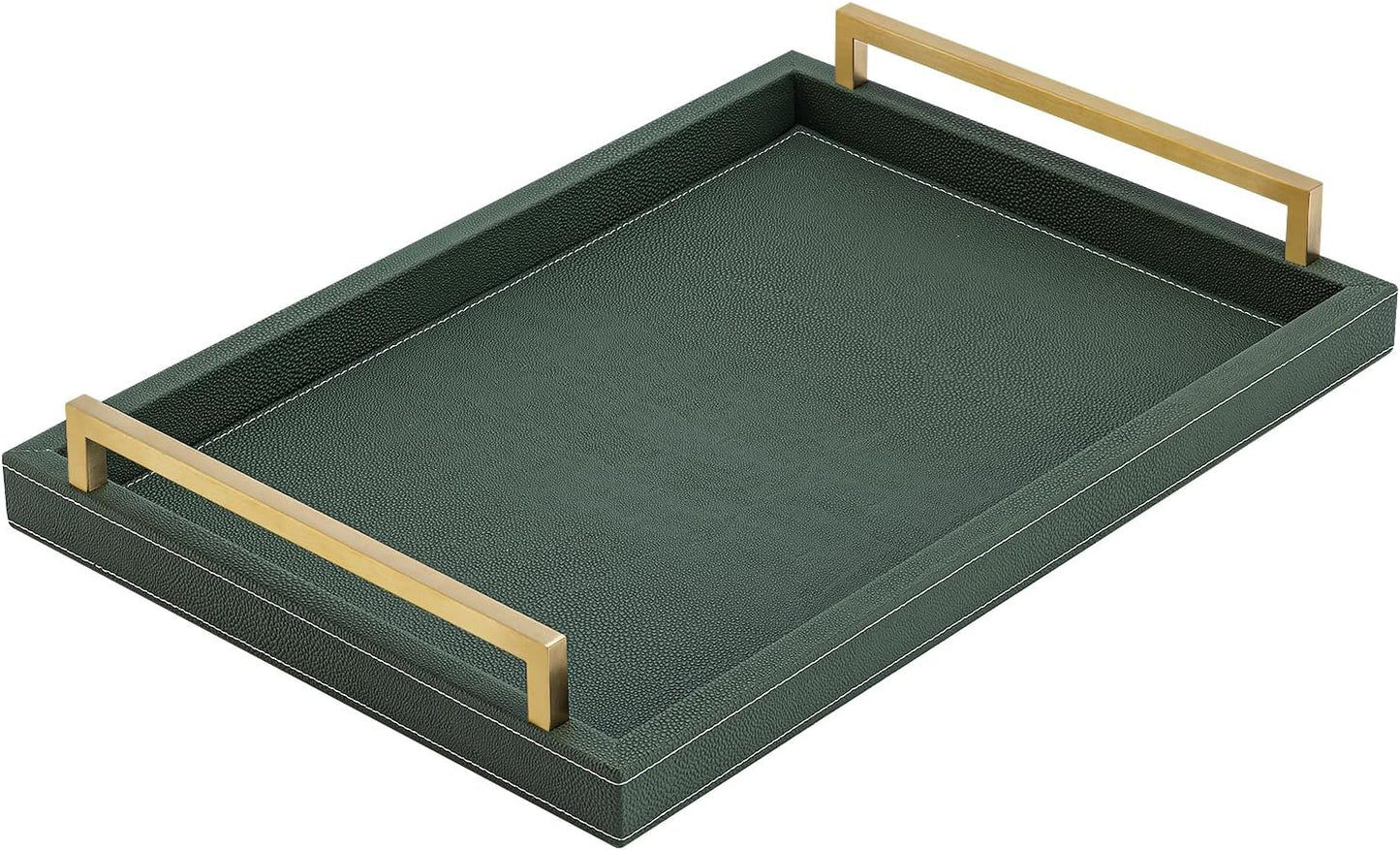 XIGEXIGE Ivory Shagreen Decorative Tray Large Rectangle Coffee Table Tray for Ottoman Faux Leather Serving Tray with Brushed Gold Handles
