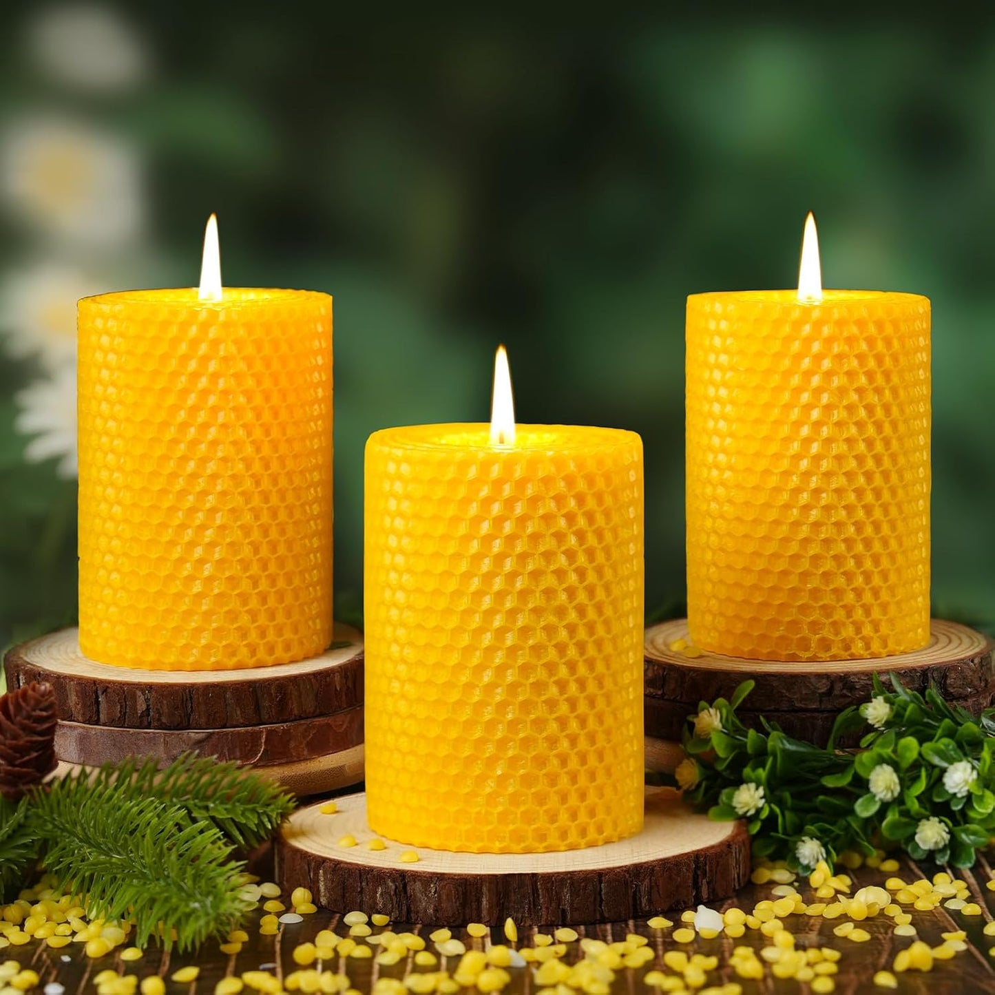 3 Pack Natural Beeswax Pillar Candles,Handmade Pure Beeswax Rolled Candle-60 Hours Long Burning,Honeycomb Bees Wax Candles for Home, Prayer,Dripless Smokeless Unscented Pillar Candle 2x4in