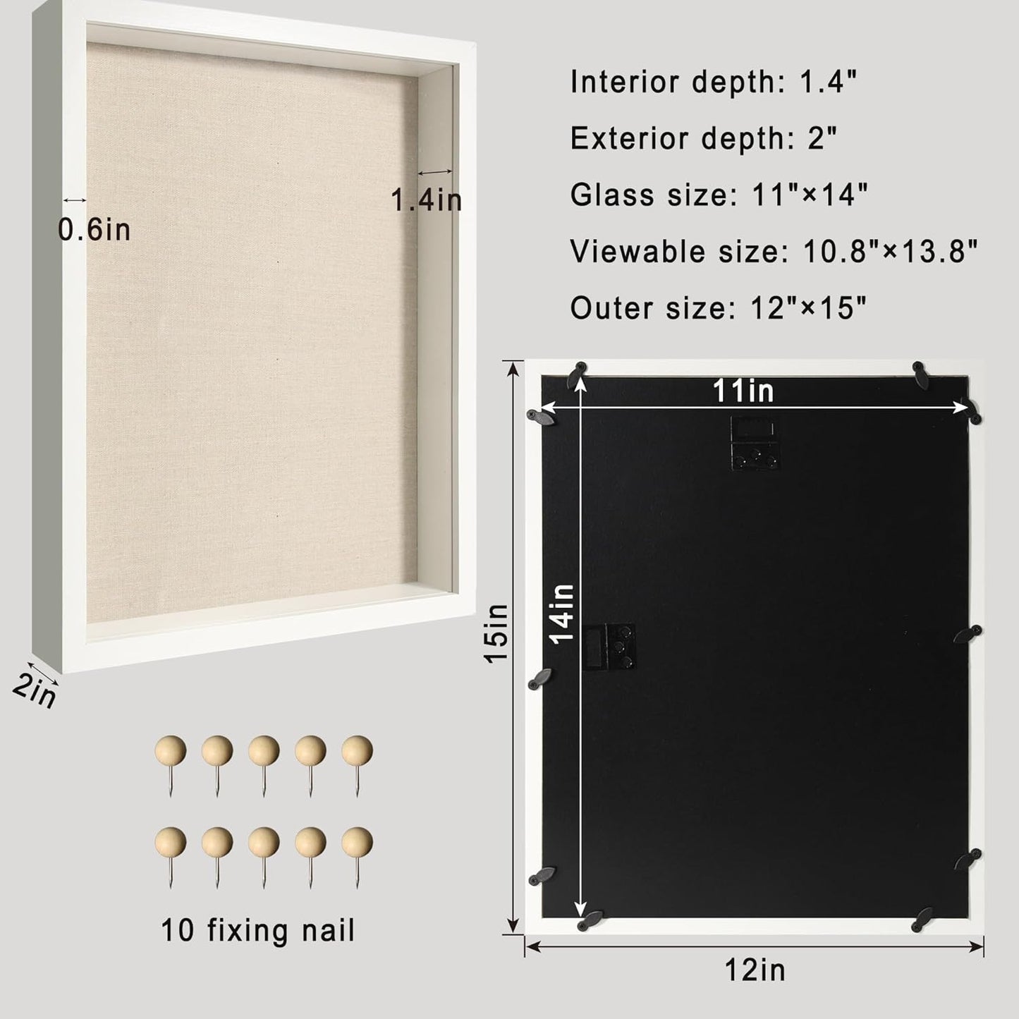 12x16 Large Shadow Box Picture Frame Display Case with Soft Linen Back, White Wooden Memory Shadow Box Frame with Tempered Glass Cover for Wall Display