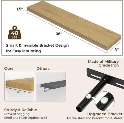 RICHFOCUS 72Inch Floating Shelves for Wall 2 Pack Shelves for Bedroom|Kitchen|Bathroom Wall Mounted Rustic Wood Floating Shelf with Invisible Brackets for Books|Storage|Decor, Rustic Brown