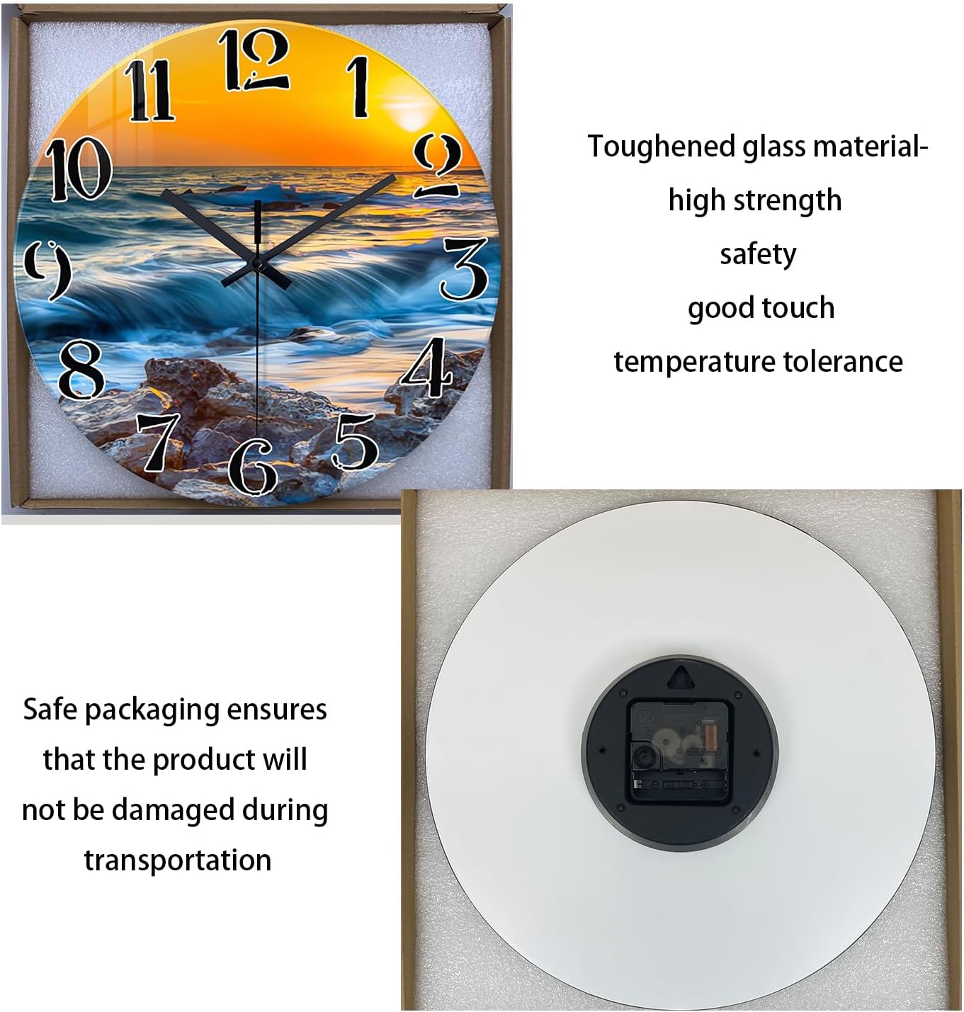 Beach Wall Clock Battery Operated 12 Inch Glass Wall Clock Non Ticking Analog Blue Wall Clocks for Bedroom Living Room Office Decor