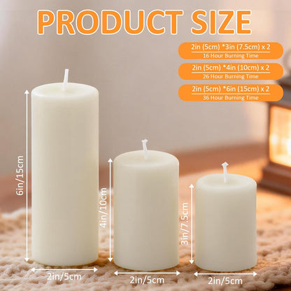 18 Pcs White Pillar Candles Bulk Set，Hurricane Candles，3 Different Lengths 2 x 3/4/6 Inch (6 Each)，Dripless Unscented Smokeless，Gives You a Better Atmosphere When Organizing an Event Party.