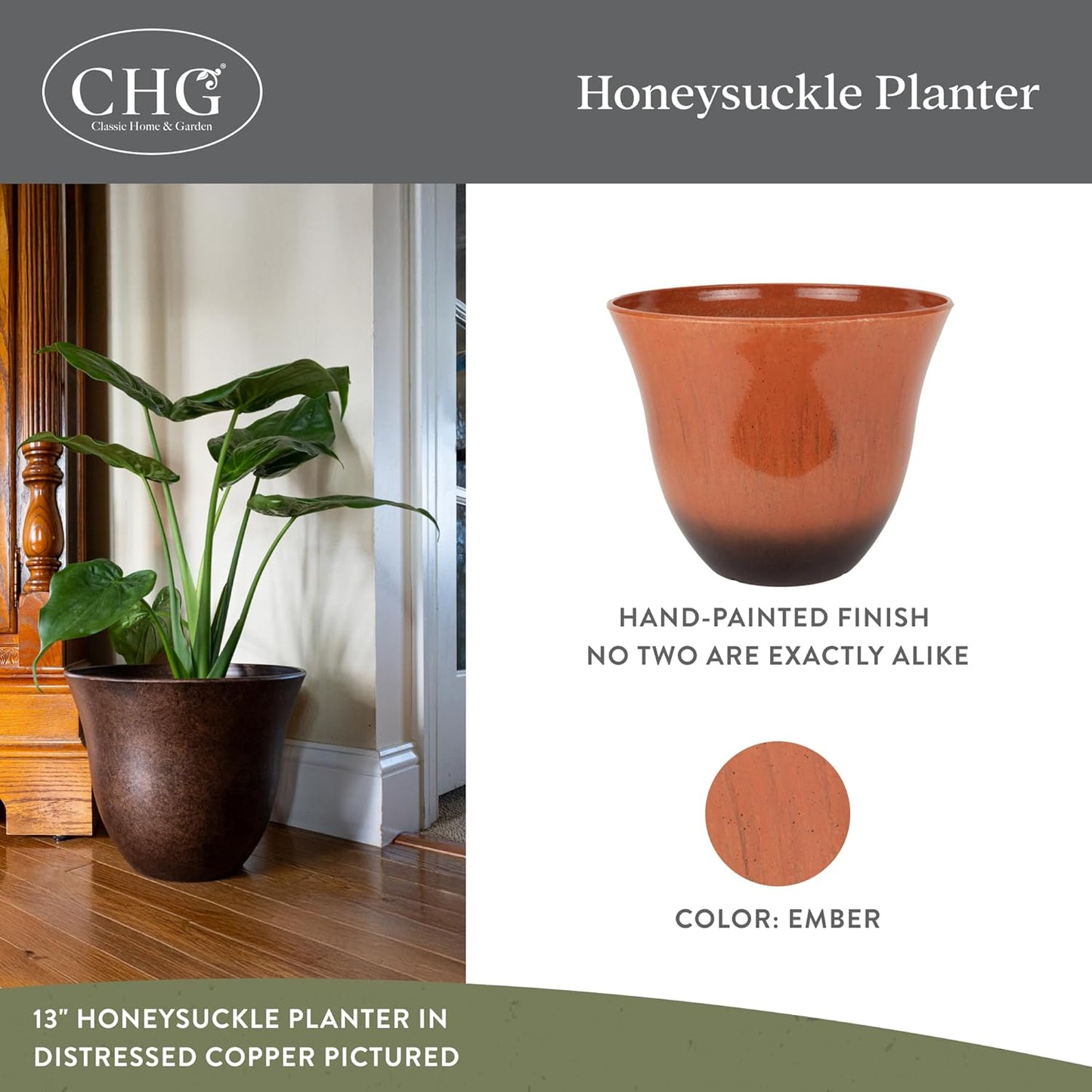 Classic Home and Garden Honeysuckle Resin Planters - Lightweight Indoor & Outdoor Plant Pots - UV-Resistant Plastic Flower Pots - Pot Planters for Flowers & Herbs (15" Tequila Sunrise)