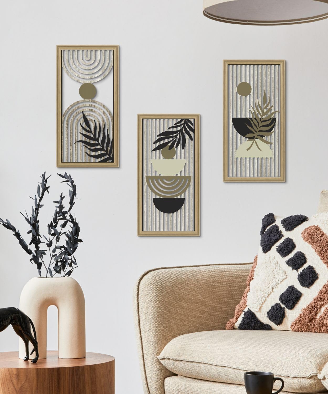 Putuo Decor Boho Abstract Wall Art, Set of 3, Modern Botanical Wooden Wall Decor, Blue Mid-Century Minimalist Framed Artwork for Living Room Bedroom, Office
