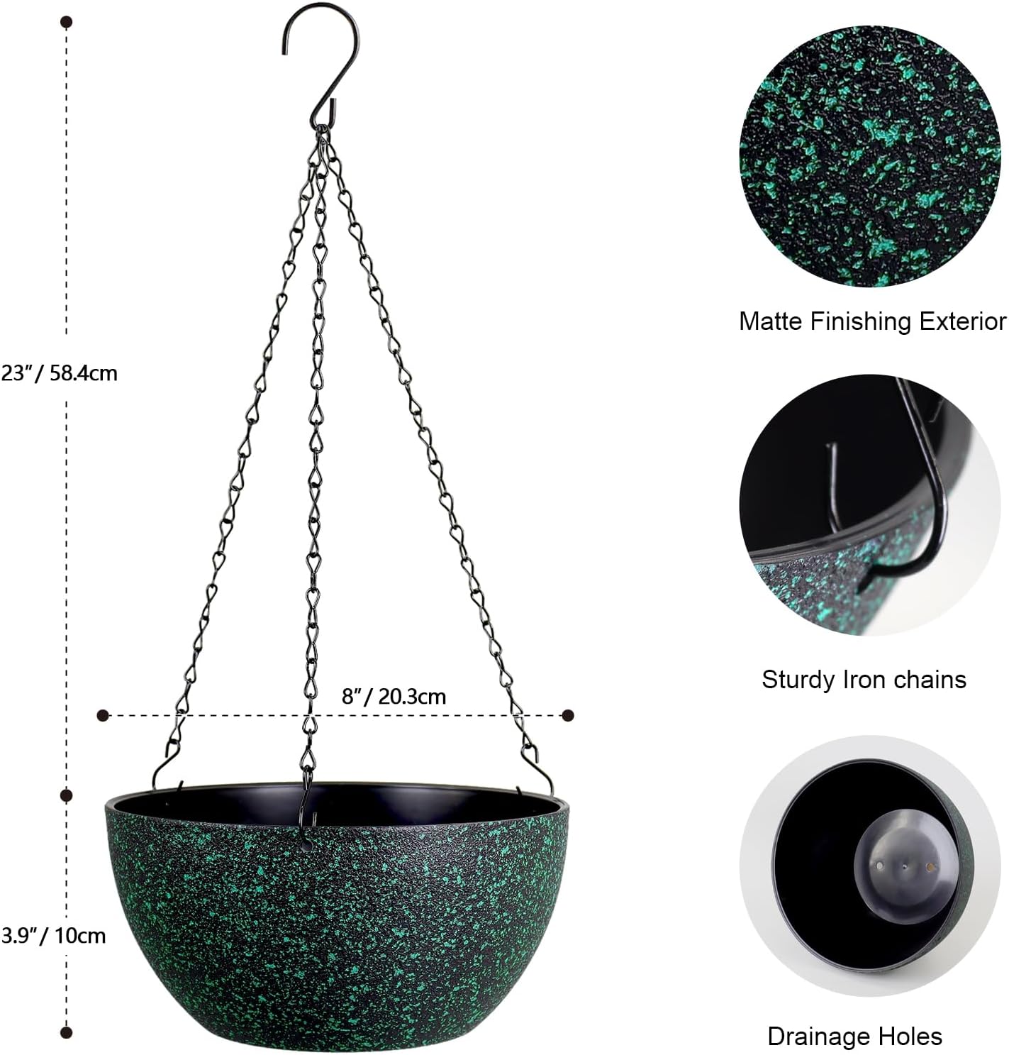 Meowell 10 inch Hanging Planters for Indoor Outdoor Plants, 2 Pack Hanging Flower Pots with Drainage Holes and Chain for Garden Porch, Plastic Hanging Baskets for House Plants, Speckled Grey