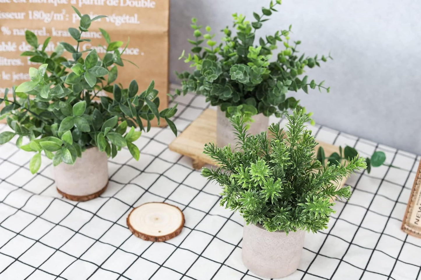 Der Rose 3 Pack Mini Potted Fake Plants Artificial Plastic Eucalyptus Plants Topiaries for Home Office Desk Farmhouse Shelf Room Bathroom Decor(Sage Green)
