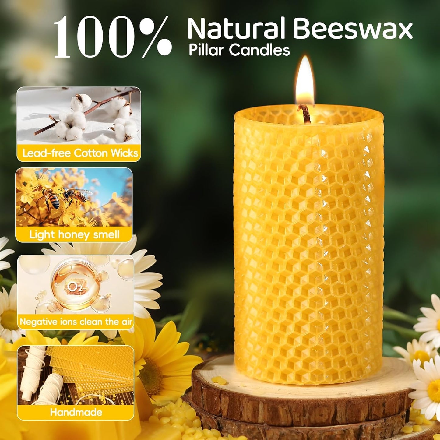 3 Pack Natural Beeswax Pillar Candles,Handmade Pure Beeswax Rolled Candle-60 Hours Long Burning,Honeycomb Bees Wax Candles for Home, Prayer,Dripless Smokeless Unscented Pillar Candle 2x4in