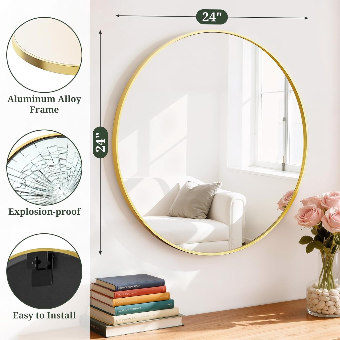 Round Wall Mirror 30 Inch Gold Vanity Mirror with Metal Frame, Modern Circle for Bathroom, Entryway, Bedroom, Living Room, Wall Mounted Decorative Mirrors