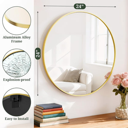 Round Wall Mirror 30 Inch Gold Vanity Mirror with Metal Frame, Modern Circle for Bathroom, Entryway, Bedroom, Living Room, Wall Mounted Decorative Mirrors