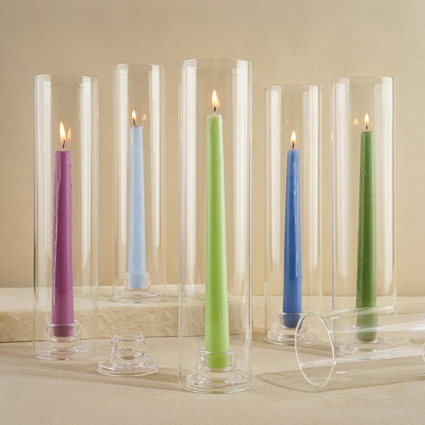 Hurricane Candle Holder Thickened Cylinder Covers Short Taper Candle Sticks Holder 2.5" D × 11" H Glass Tall Candlesticks Holders Centerpiece for Wedding Dining Table, 4 Pcs