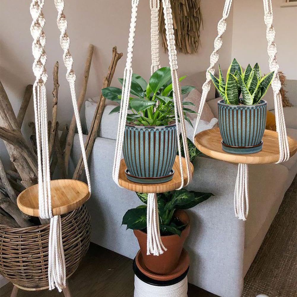 Oairse Ceramic Pots for Indoor Plants, 4.9 +5.7 inch Set of 2 Brown Plant Pots with Drainage Holes and Saucers Texture Ceramic Planters Indoor Outdoor Flower Planters for Succulent