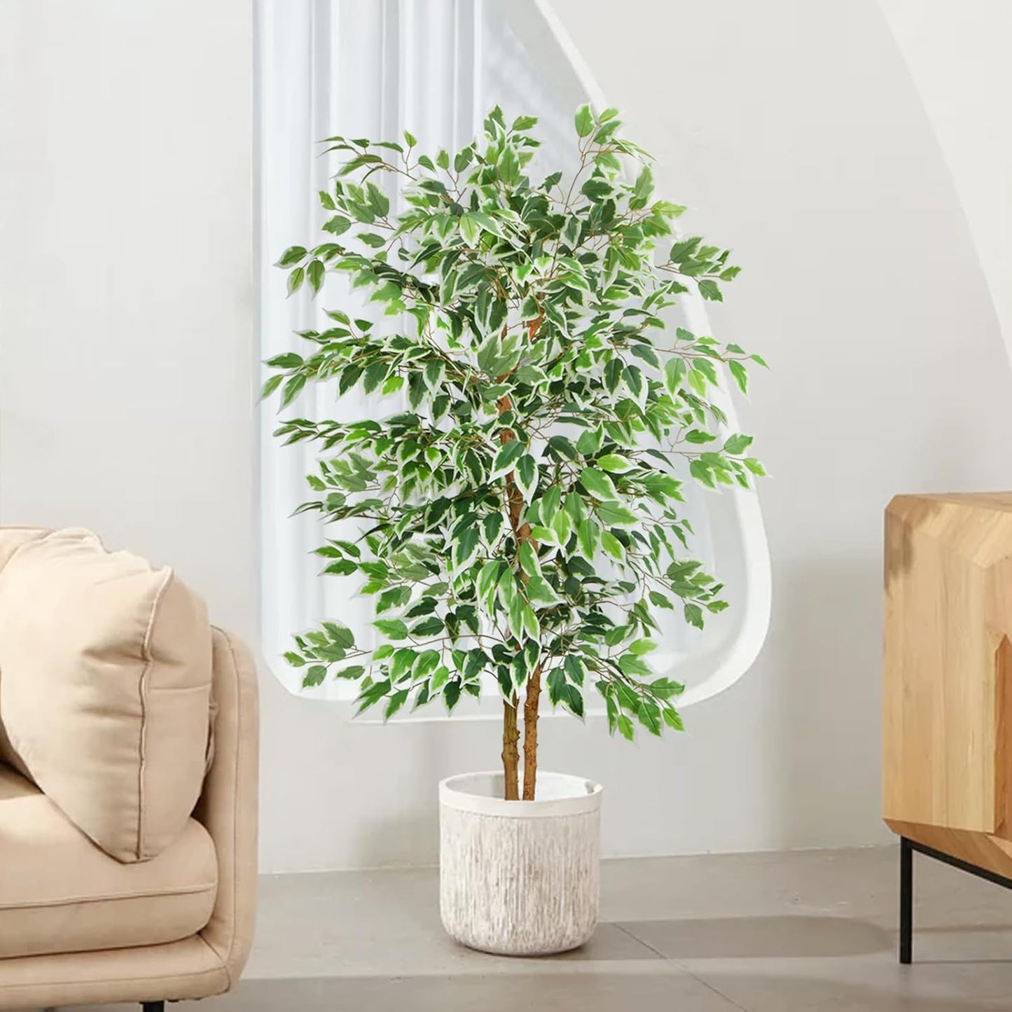 GTIDEA 6ft Artificial Tree Ficus, Tall Faux Trees Indoor with Natural Trunk and Fake Silk Tree Fake Plants for Home Spring Decor Living Room Outdoor Balcony House Office (Included Dried Moss)