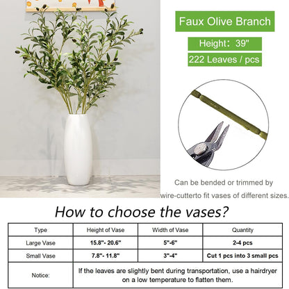 Heleze 39 Inch Artificial Olive Branches for Vases, Fake Plants Greenery Stems with 222 Leaves Faux Olive Tree Branches Home Decor Indoor 4PCS