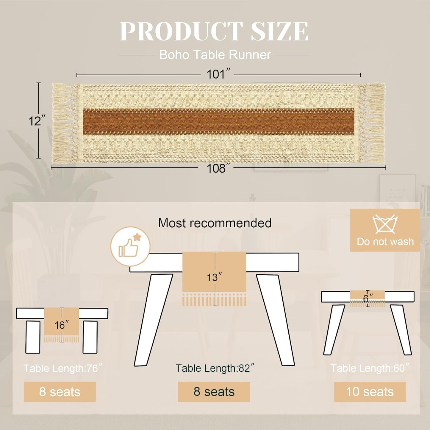 FEXIA Boho Table Runner for Thanksgiving Fall Christmas Home Decor with Tassels 72 Inches Long Pottery barn Furniture Farmhouse Rustic Macrame Burlap Table Decoration for Living Room (12x72 Inches)