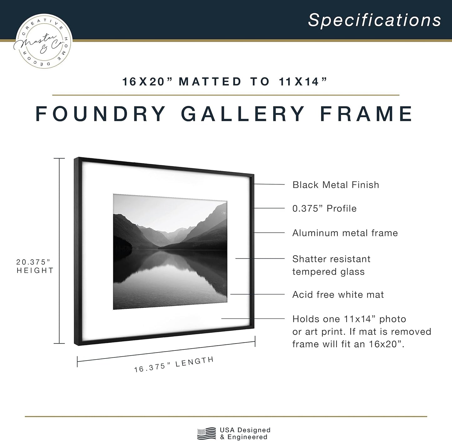MCS Master & Co. Foundry Metal 18x18 Matted Picture Frame with 8x8 Photo Display, Black Vertical & Horizontal Wall Hanging Frame for Photos & Artwork (1-Pack)